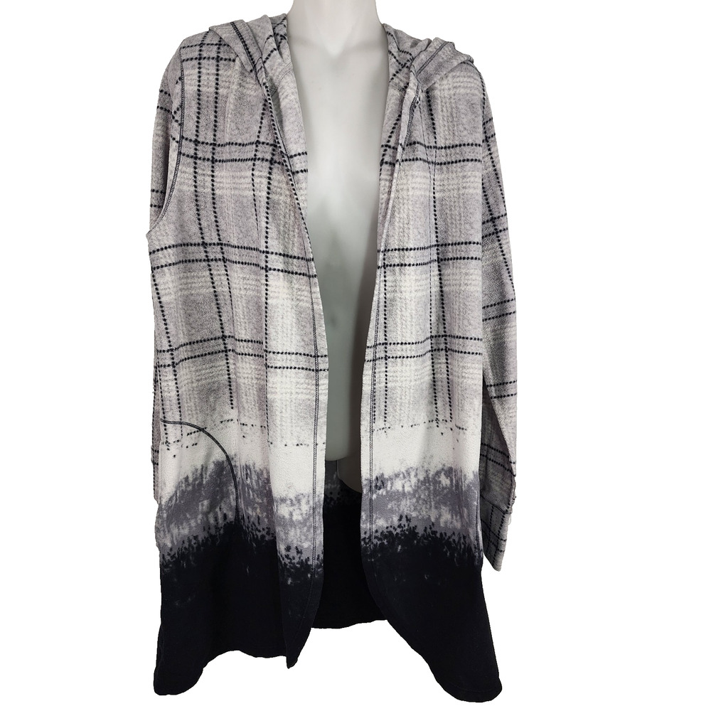 Cuddl Duds Fleecewear Plaid Dip Dye Wrap L Gray Stretch Pockets Hood Thumbholes